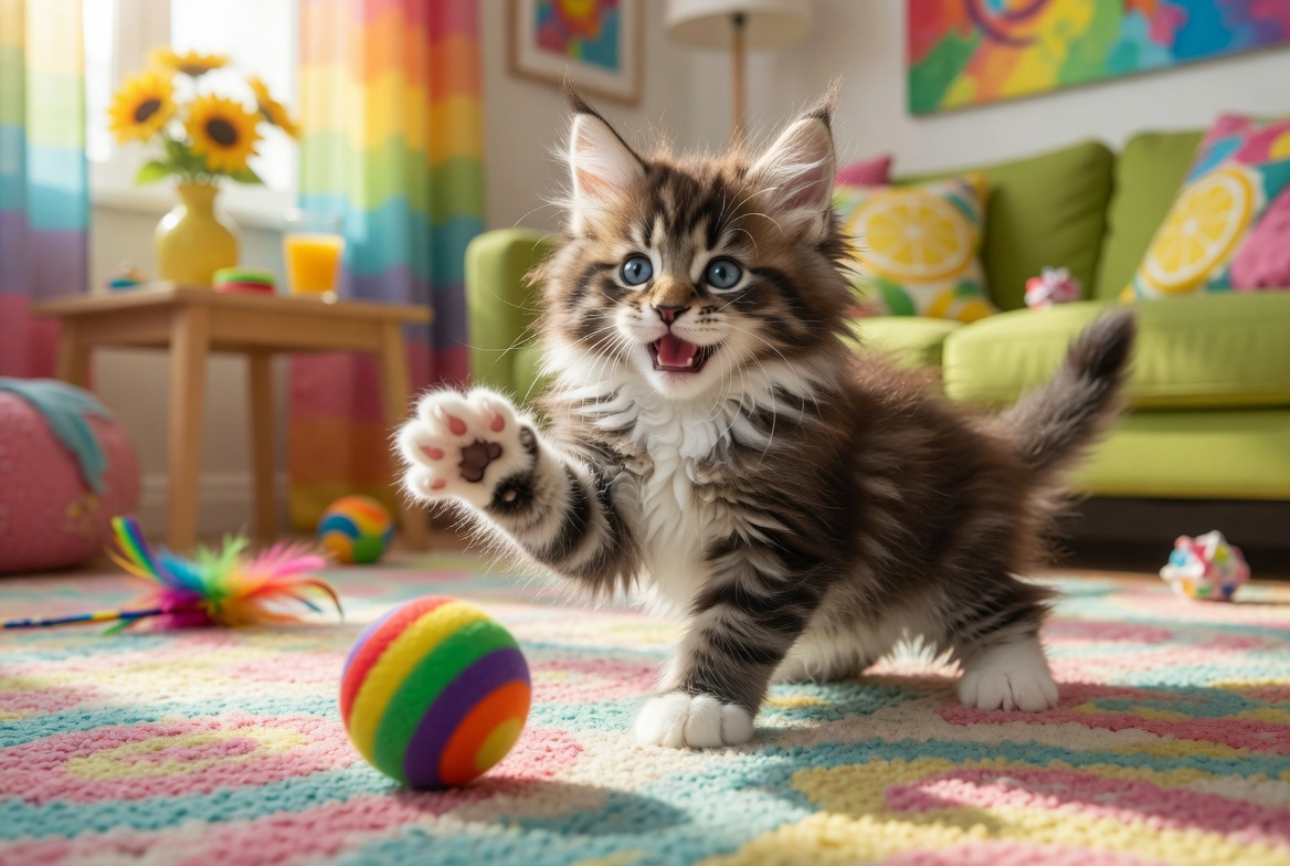Atlas — brown mackerel Maine Coon kitten with toy
